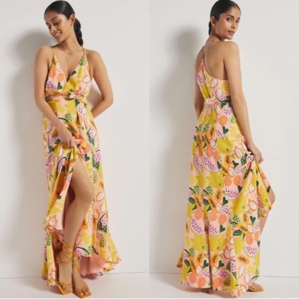 Anthropologie x Hutch Fruit Print Wrap Dress Womens Large  Peach Yellow Green
